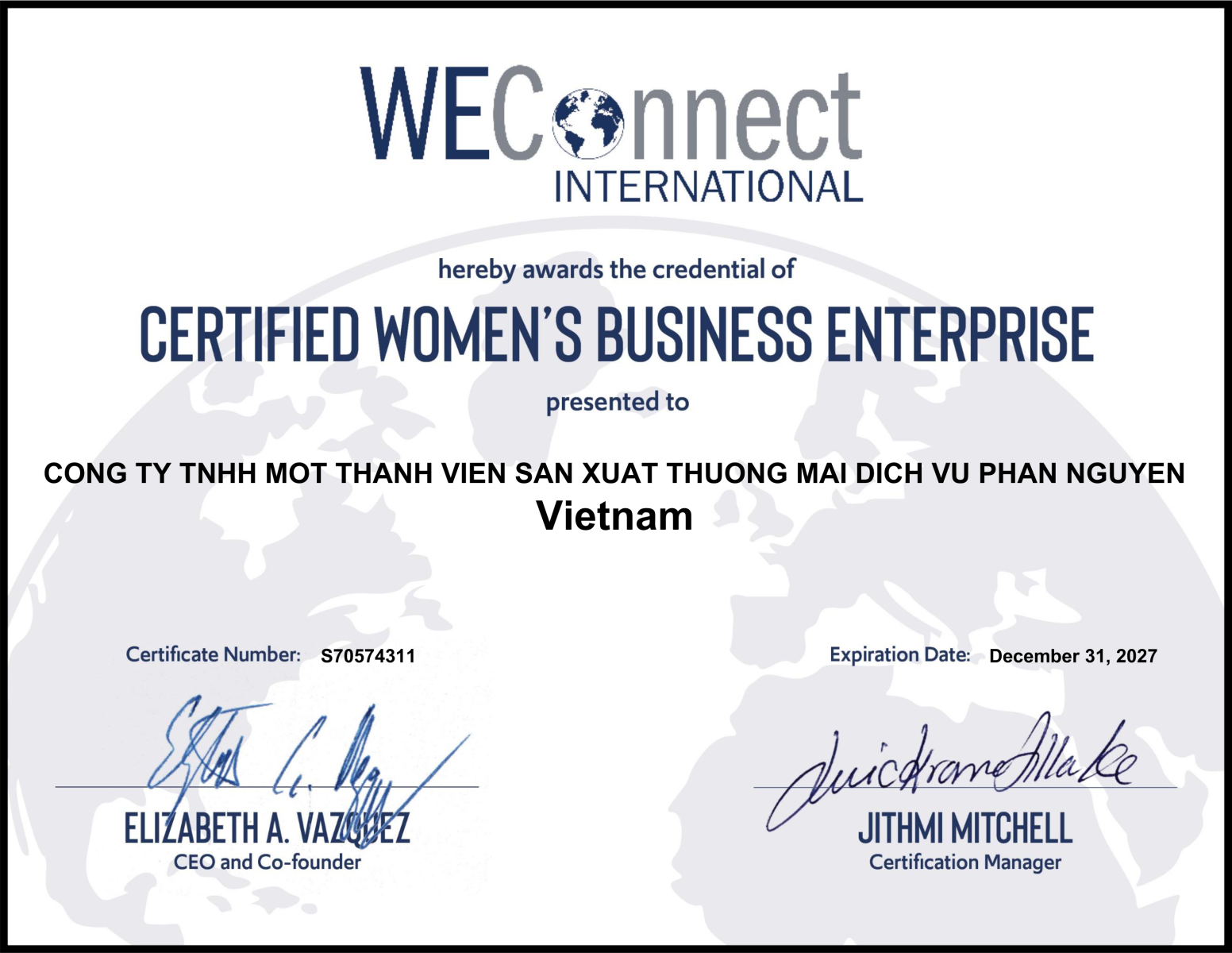 Certified Women's Business Enterprise credential from WEConnect International